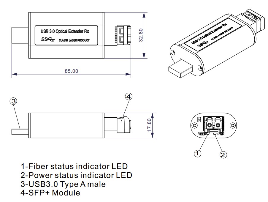 Mini USB 3.0/2.0/1.1 Fiber Extender